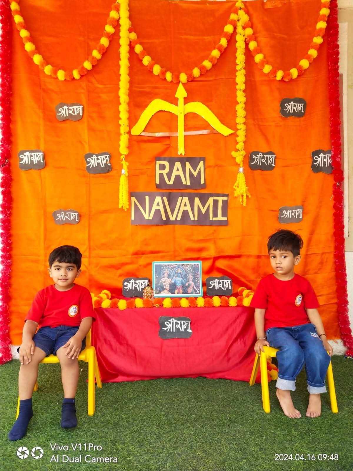 Students performing patriotic activity at preschool Mehsana